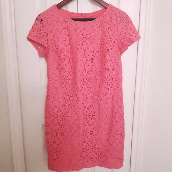 Coral Lace Lined Sheath Dress - Picture 1 of 7